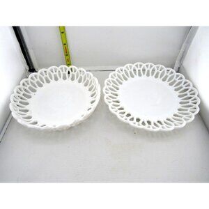 2 Vintage Atterbury Design MILK GLASS Arch Lace Lattice CANDY DISH plate & bow